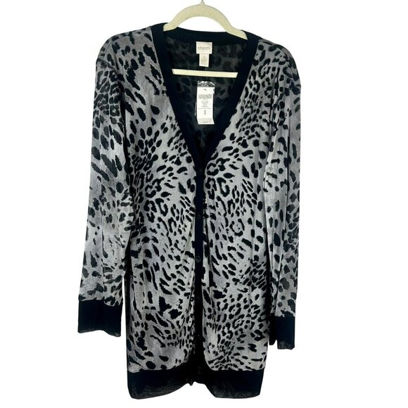 NEW Chico's Soft Leopard Leo Cardigan Women 3 XL Gray Black Long Line Semi Sheer - Picture 1 of 6